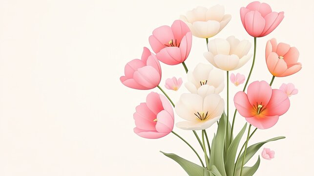 Collection set watercolor, award-winning digital painting of a delicate tulip bouquet in soft pastel shades, created in the style of Jean-Baptiste Monge, featuring a wet-on-wet blending technique