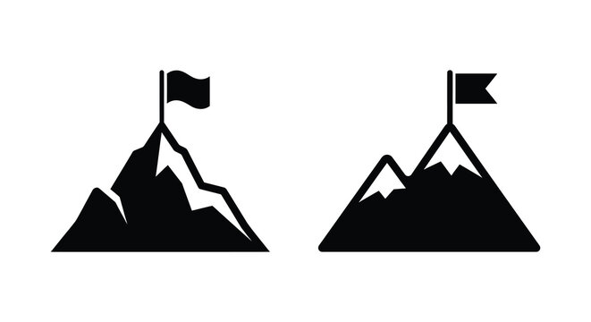 Two mountain peak silhouettes with flags a minimalist black and white graphic silhouette mountains peaks