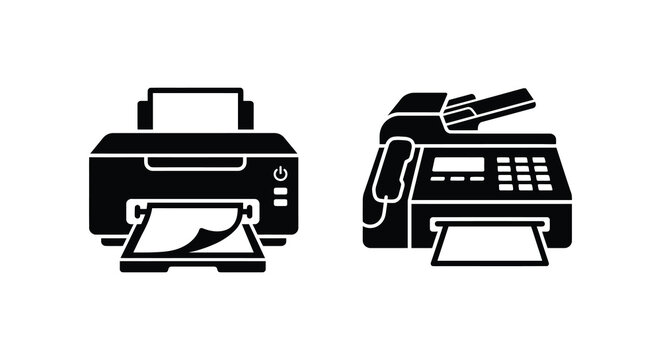 Two printer silhouettes a flat vector illustration on a white background silhouette office printing machine