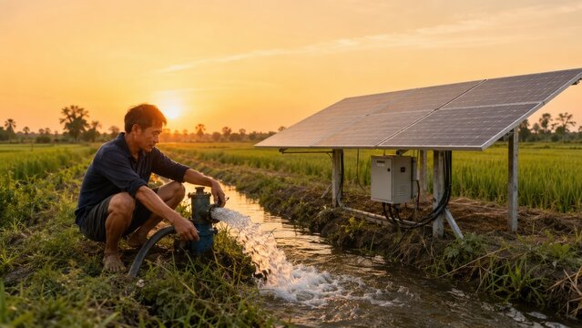 Solar Powered Irrigation System Enabling Sustainable Agriculture and Water Management at Sunset