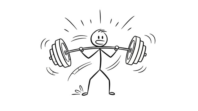Struggling stick figure weightlifter man grimacing and straining to lift a very heavy barbell overhead, showing immense effort, isolated white background.