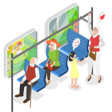 3D Isometric Flat  Illustration of Courteous Kid, Young Girl Shows Respect By Offering Seat To Elderly Woman