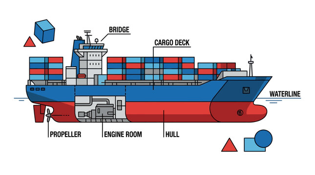 Detailed Illustration of a Cargo Ship, Highlighting its Key Components and Structure