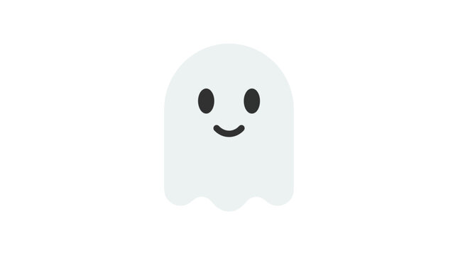 A charming and friendly ghost character illustration, a simple flat vector cartoon phantom icon with a happy smile, ideal for Halloween fun