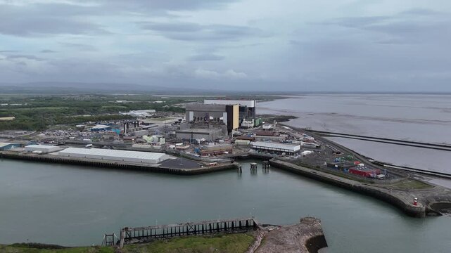 Heysham nuclear power stations Lancashire UK drone aerial view
