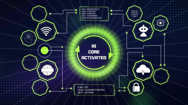 AI core activated mainframe system boot grid loop perfect for high technology software launch intros