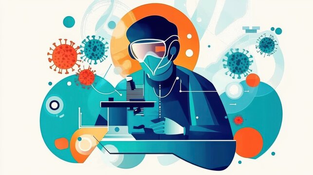 Scientist researching virus under microscope with protective gear