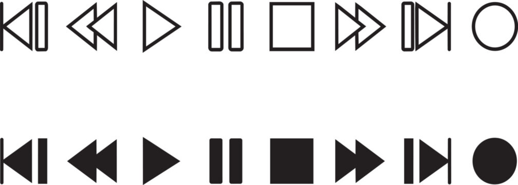Minimalist black and white media player button set created as a sleek vector on transparent background