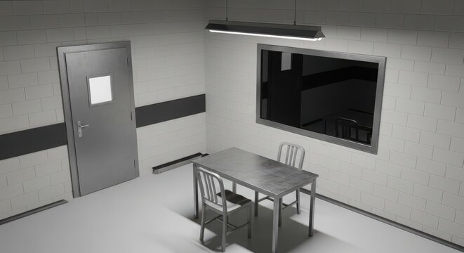 Empty interrogation room with metal table and chairs