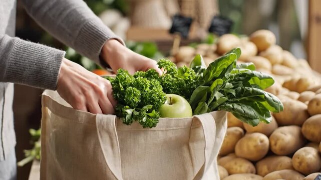 Person putting fresh green parsley into a reusable tote bag at a farmer's market