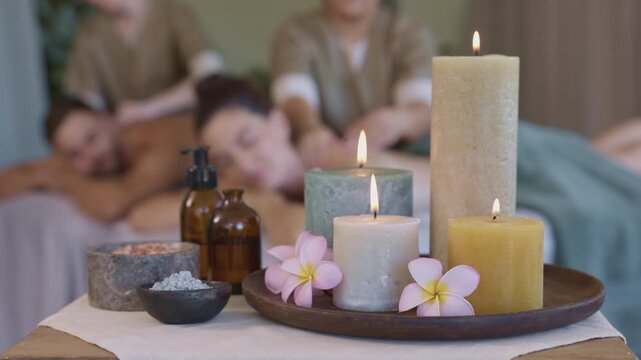 Close up of a beauty set with candles at luxury spa