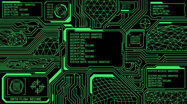 Cybernetic circuit board with glowing green data streams and system access granted messages