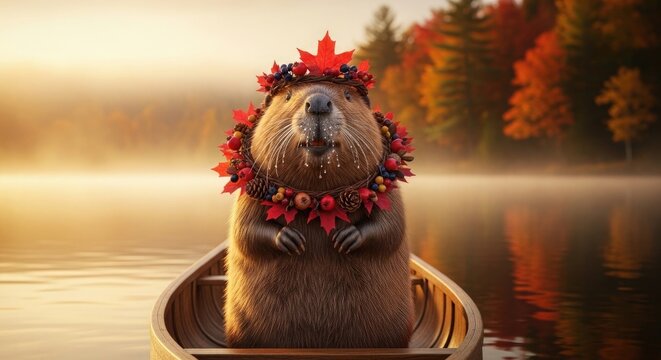 Canada day beaver in a boat with maple leaf wreath on a lake