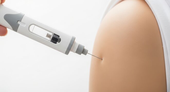 Closeup of a person selfadministering an injection with an autoinjector pen