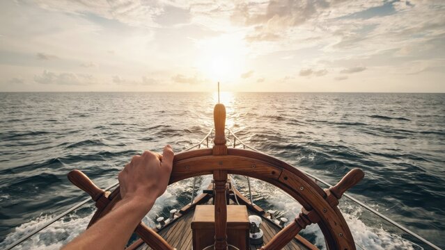 Hand of captain on wooden ship steering wheel sailing on open sea at sunset