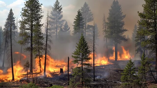 Cataclysmic raging wildfire with incandescent orange and yellow flames engulfs an ancient pine forest, leaving scorched earth and billows of smoke. Catastrophic environmental event concept