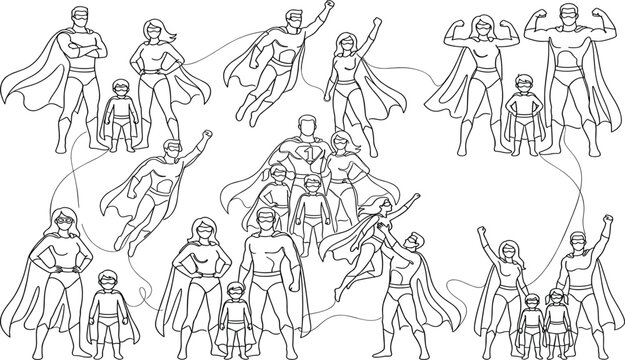 Superhero Family Vector Illustration Set Featuring Parents and Kids in Costumes and Capes for Power Unity and Protection Concepts in Line Art Style