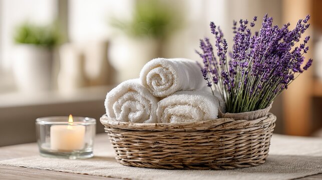 A serene spa setup with rolled towels, lavender, and a lit candle in a wicker basket on a wooden table