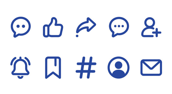 Social Media Interaction Line Icon Set Featuring Like Share Comment Follow Notification Bookmark Hashtag Profile and Message Symbols for Mobile Apps