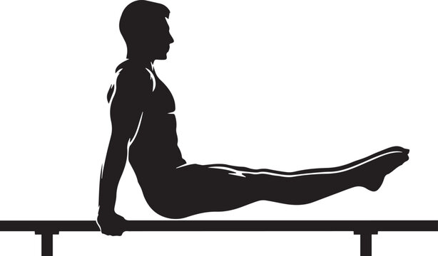 Gymnast performs horizontal bar exercise on parallel bars, strong body of an athlete in training, vector flat style illustration.