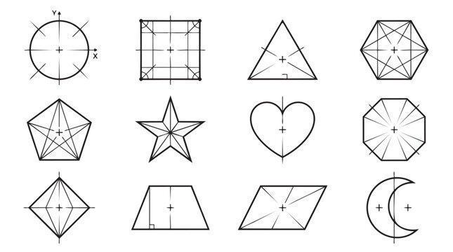 Geometric shape icon set with internal construction lines for design and drafting, geometry