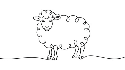 Obraz premium continuous one line drawing of fluffy sheep farm animal, minimalist livestock outline illustration, rural agriculture concept, wool production and countryside nature design