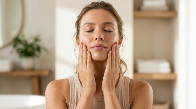 Skincare routine featuring a woman using face yoga massage to improve skin tone and muscle.
