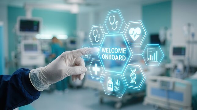 Medical employee orientation and healthcare staff welcome onboarding with digital hospital system.