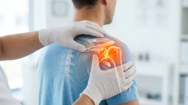 Medical professional performing shoulder examination with an overlay of joint pain and bone structure.