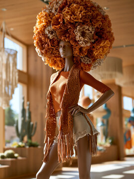 Eine stilisierte weibliche Figur mit riesigem braunem Blumen-Afro und langen Fransen steht r&uuml;cklings in einem warmen Holzraum.