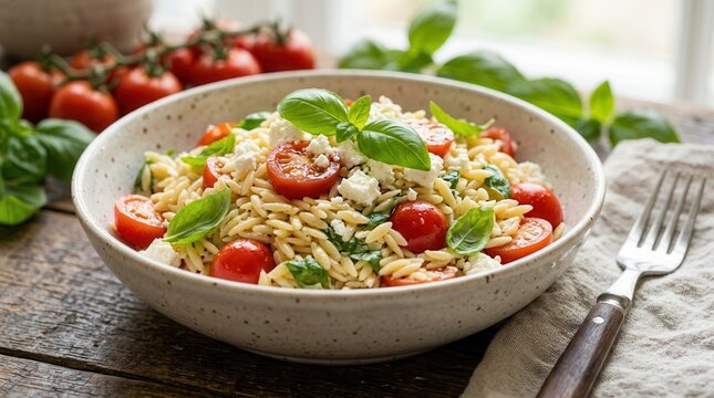 Delicious vegetarian orzo salad with basil and fresh tomatoes in a ceramic bowl.