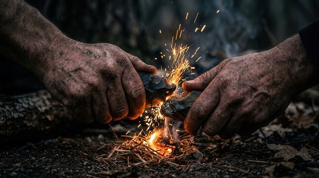 A demonstration of ancient survival skills as primal hands strike tools to produce fire and embers.