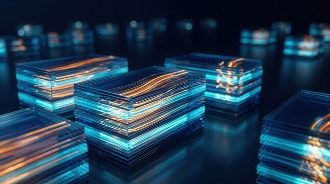 Digital asset flow illustrated through stacked glowing data blocks in a secure environment.