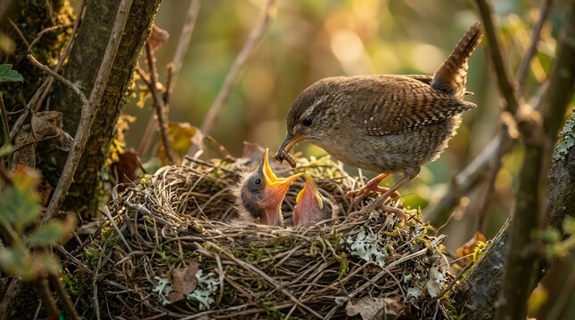 Hungry young chicks in a nest being fed by a parent bird in natural forest lighting.