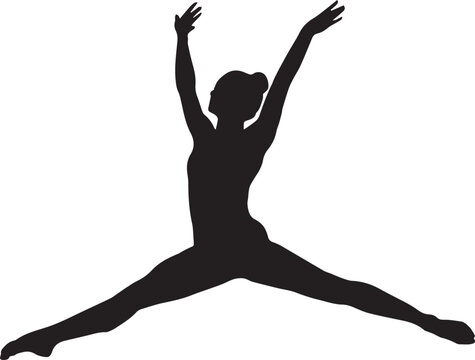 Powerful silhouette of a female gymnast executing a straddle jump, demonstrating strength and flexibility in mid-air.