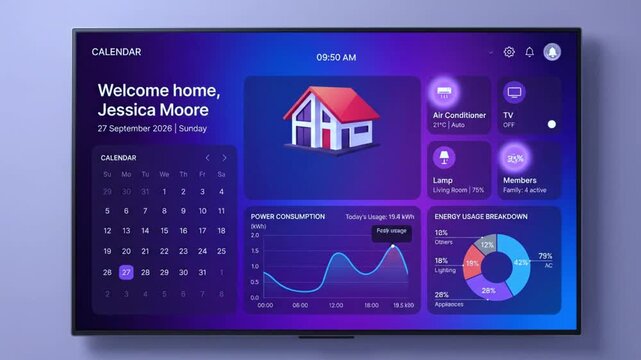 Smart home dashboard on a modern tv screen displaying energy usage and calendar