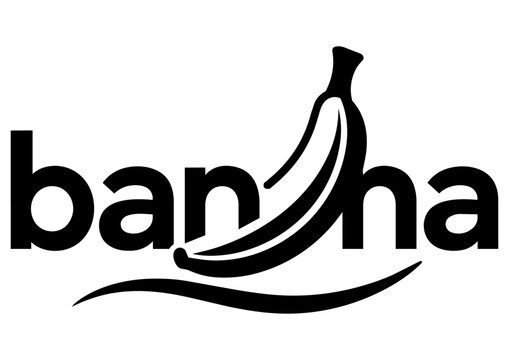 Minimalist banana typography logo featuring a creatively integrated banana illustration within the lettering. Clean black and white vector design with modern curves and playful branding style