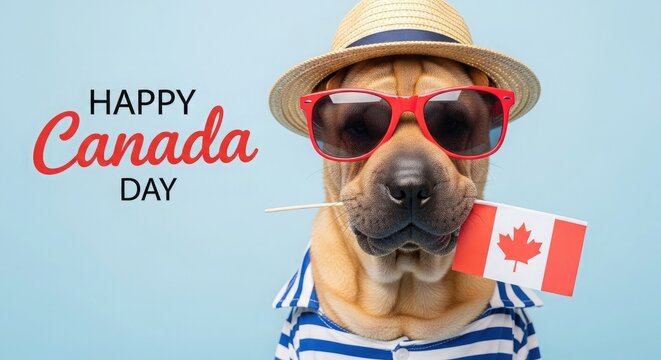 Happy canada day cute shar pei dog with canadian flag celebration
