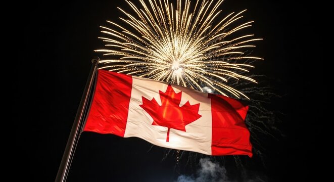 Vibrant canada day celebration with fireworks and canadian flag