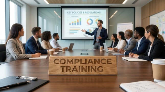 Employees attending a corporate workshop on compliance training and regulatory awareness policies.