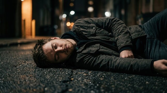 Emergency overdose response with a person lying on the pavement for naloxone intervention and harm reduction.