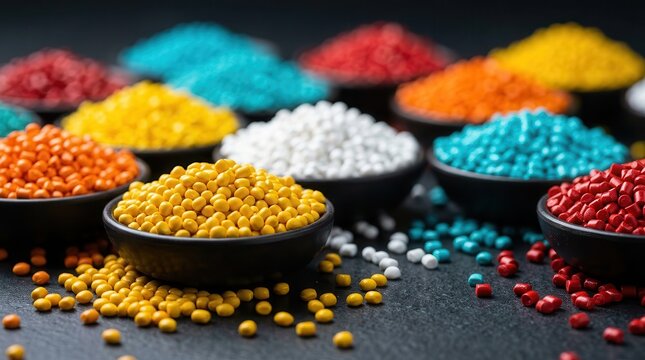 Colorful plastic granules and components used for manufacturing diverse applications.