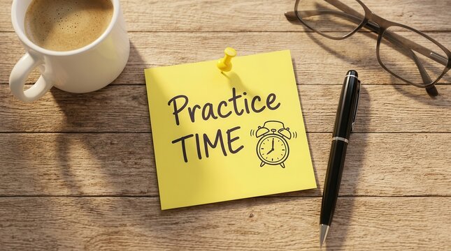 Productivity and learning concept with a handwritten Practice TIME note on a wooden desk.