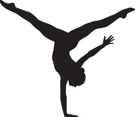 Fototapeta premium Gymnast executing vertical handstand pose with wide legs in black silhouette for athletic fitness and strength training visual.