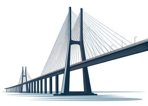 Vasco da Gama Bridge, Lisbon, minimal flat vector style, long elegant bridge silhouette, isolated on white