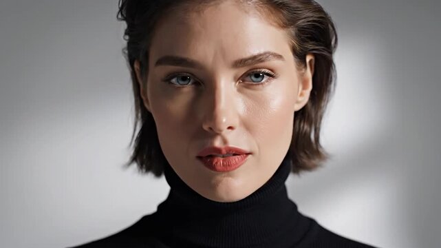 Portrait of a confident young woman with short brown hair and blue eyes wearing a black turtleneck in a studio setting