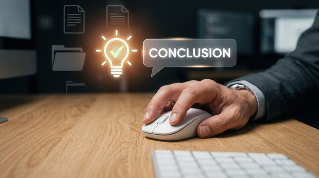 Final business decision and insight concept with a professional hand using a computer mouse and glowing icons.