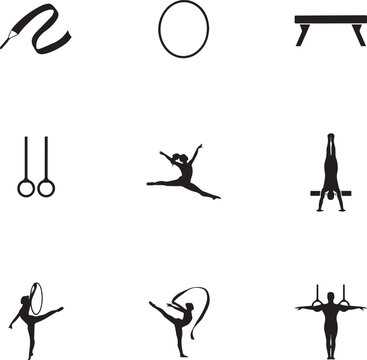 Collection of gymnastics elements including silhouettes of athletes and equipment on checkered background.