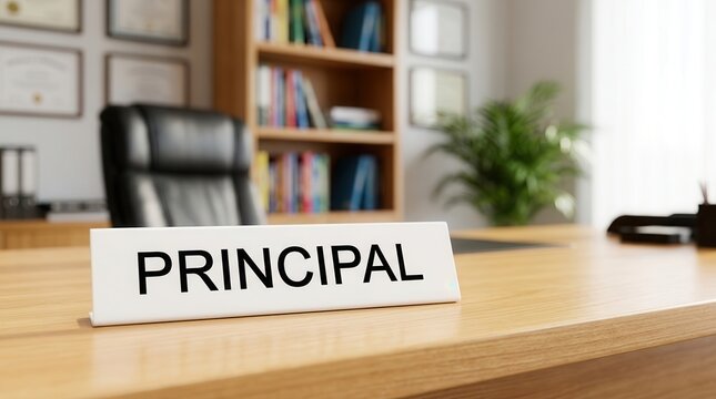 Education leadership and administration concept featuring a principal sign on a desk.