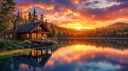 Fototapeta premium Dreamy home nestled among trees by a serene lake, sunrise illuminating the entire scene with warm golden tones, soft mist, vibrant natural colors, ultra detailed, cinematic composition, realistic fant